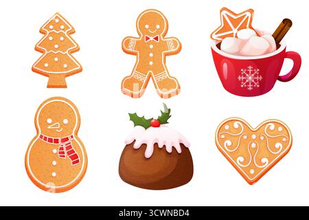 Gingerbread set cute snowman, man, mug with hot beverage, house and tree with icing decoration, seasonal dessert, cookies isolated on white background. Vector illustration Stock Vector