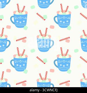 Christmas pattern with blue cup of hot drink, mug of hot cocoa with marshmallows and wafer rolls, Christmas cup with snowflake ornament. Winter drink. Stock Vector