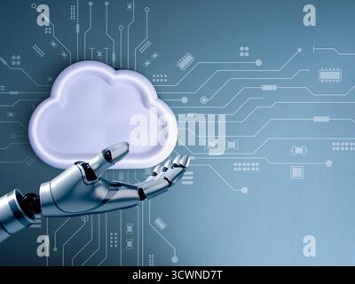Robot hand holding white cloud icon with circuit board background, symbolizing AI cloud technology, artificial intelligence, cloud computing, automati Stock Photo