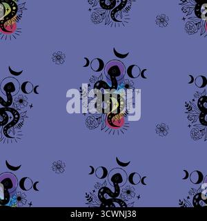 Mystical Seamless Pattern with Black Snake Kundalini with Colorful Chakra, Moon Phase and Flowers on Dark Blue Background. Repeating Textured Hand Dra Stock Vector