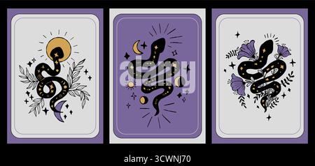 Mystical Snake with Moon, Sun and Flowers Plants. Color Textured Hand Drawn Doodle. Vertical Cards Set. Isolated Magical dark Kundalini for Tarot, mag Stock Vector