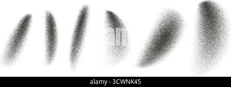 Curve grain gradient textured brush stroke shapes set. Black stippled splatter shades figures. Grunge noise dotwork. Undulate sandy splashes with spec Stock Vector