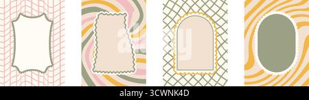 Geometric scallop funky frames set on whimsical covers. Wavy groovy arch, rectangle and oval borders on white background. Poster with wobbly stripes a Stock Vector