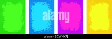 Halftone bright frames backgrounds set. Noisy gradients with text boxes covers. Grainy pixel backdrops collection. Dots borders vertical templates pos Stock Vector