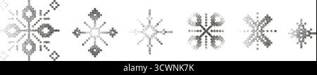 Dotted grainy snowflakes set. Black gradient stippled winter frozen flakes. Various noise textured Christmas elements. New Year signs dot work . Vecto Stock Vector