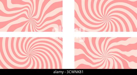 Groovy swirl pink starburst horizontal backgrounds set. Retro hypnosis spiral sun rays girly illustrations collection. Vector wavy carnival decoration Stock Vector