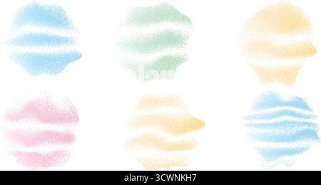 Mineral scrubs swatches set. Dots noise abstract organic dynamic forms. Grunge dotwork gradient fluid splotches with waves. Green, pink, blue irregula Stock Vector