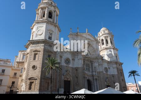 Panoramic view of Cadiz Cathedral in Andalusia, Spain. The majestic baroque building overlooks the sea and dominates the old town with its golden dome Stock Photo
