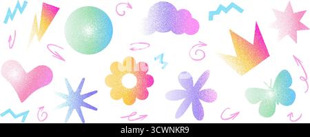 Grain gradient shapes background. Dots geometric figures set. Y2k retro heart and circle with flower forms. Colorful butterfly, crown icons. Trendy ef Stock Vector
