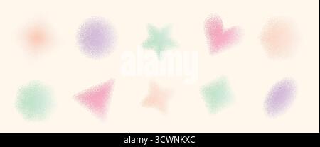 Dust power figures set. Dot work gradient simple geometric shapes collection. Grainy noise textured y2k elements. Triangle, blinks, star with rhombus Stock Vector
