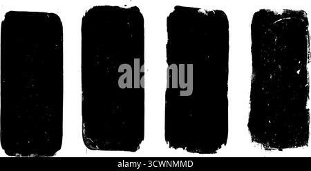 Soiled paper ink grunge text boxes set. Callouts vertical rectangles frames. Linocut rolled paint black tag. Vector handmade brayer stamp smudged text Stock Vector