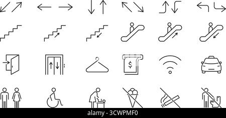 Directional And Facility Icons Set. Navigation, Accessibility and Public Amenities Outline Symbol Collection. Editable Stroke. Isolated Vector Stock Vector