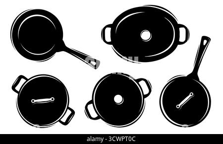 Pan pot cookware silhouettes set vector illustration with saute pan, dutch ovens, saucepan, stock pan isolated on white. Top view Stock Vector