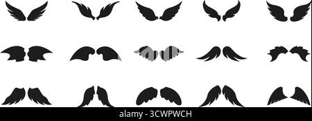 Mythical And Angelic Wings Solid Icon Set. Variety Of Wing Designs Symbolizing Fantasy, Freedom And Flight Elements. Silhouette Symbol Collection Stock Vector