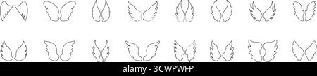 Angel Wings Line Icon Set. Spirituality, Freedom, And Fantasy Symbol Collection. Various Wing Designs For Mythical And Inspirational. Editable Stroke Stock Vector