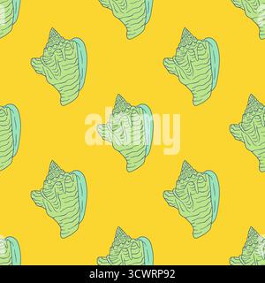 Pastel conch shells coastal seamless pattern on yellow background. Hand drawn mollusk repeat wallpaper Stock Vector