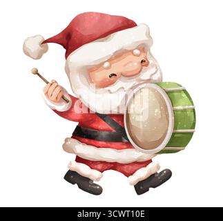Watercolor cartoon illustration of santa claus playing a large green marching drum in christmas festive . Hand drawn digital painting . Isolated white Stock Photo