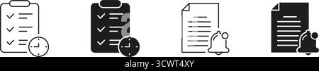 Checklist And Document With Clock And Bell Icon Set. Task Management, Deadline Tracking, And Reminder Notification Symbol. Productivity And Time Stock Vector
