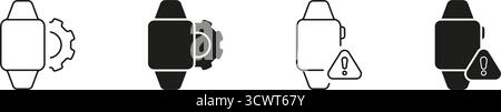 Smartwatch With Gear And Alert Icon Set. Device Configuration And System Warning Outline And Silhouette Symbol Collection. Technology And Notification Stock Vector