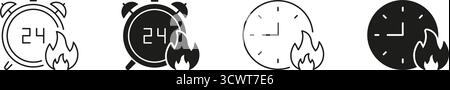 Alarm Clock With Fire Solid Icon Set. Urgency, Time Management, And Deadline Pressure Silhouette Symbol Collection. Burning Time Concept. Isolated Stock Vector
