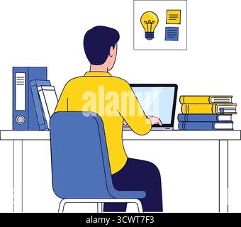Man learning online at desk with laptop books and lightbulb idea symbol illustration Stock Vector