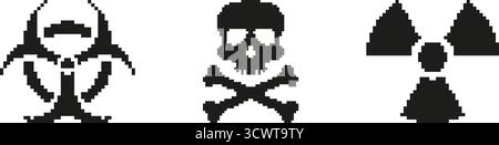 Biohazard, Skull And Crossbones, And Radiation Warning Pixel Art Icon Set. Hazardous Material, Toxicity, And Radioactive Danger Symbols. Safety And Stock Vector