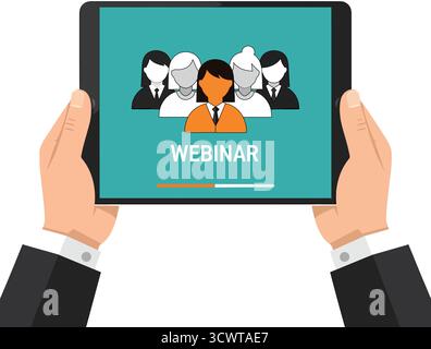 Hands holding tablet displaying webinar with diverse attendees and online learning concept illustration Stock Vector