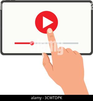 Hand touching play button on tablet screen symbolizing online video content and learning illustration Stock Vector