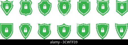 Green Shield With Lock Pixel Art Icon Set. Cybersecurity And Data Protection Symbol Collection. Digital Security And Privacy Assurance. Isolated Stock Vector