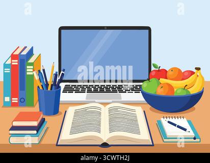 Online learning setup open book laptop stacked books pencils fruit bowl and notebook for education illustration Stock Vector