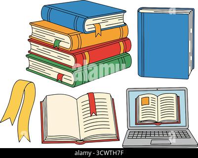 Stack of books open book laptop and ribbons for knowledge and learning concepts illustration Stock Vector