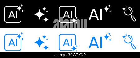 Artificial Intelligence Sparkles AI Recognition and Search Solid Icon Set. Machine Learning Data Processing Future Technology Silhouette Symbol Stock Vector