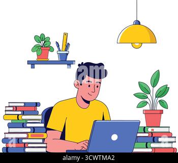 Young man focused on laptop surrounded by stacks of books and potted plants studying online learning illustration Stock Vector