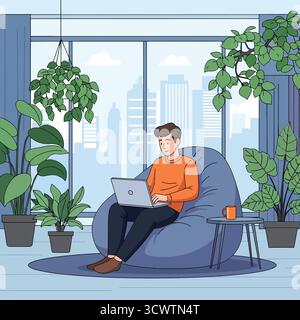 Young man relaxing on bean bag chair working on laptop surrounded by lush green plants illustration Stock Vector