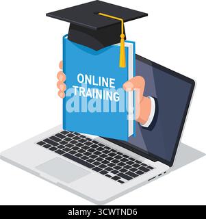 Online training graduation cap book and laptop for digital learning and education illustration Stock Vector