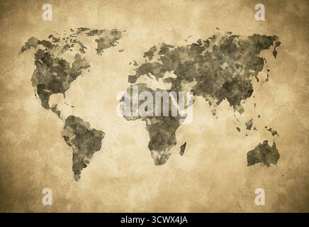 Grunge world map on vintage paper background in watercolour style. Stock Photo