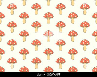 Mushrooms seamless pattern. Mushrooms on a stem. Amanita mushroom with dots on the cap. Background with fly agarics or wallpapers, covers, wrappers an Stock Vector