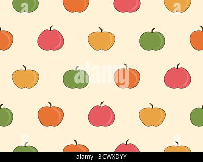 Seamless pattern with apple silhouettes in flat style. Apples in a retro color palette with a black outline. Design for printing on fabric, banners, a Stock Vector