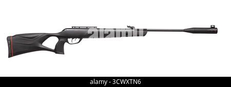 A modern black synthetic air rifle or pellet gun with a muzzle brake, isolated on white. Stock Photo