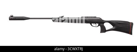 A modern black synthetic air rifle or pellet gun with a muzzle brake, isolated on white. Stock Photo