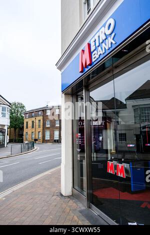 London, Epsom Surrey UK, October 12 2025,  High Street Branch Retail Metro Bank Stock Photo