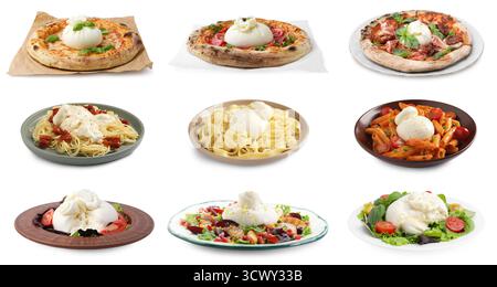 Different dishes with burrata cheese isolated on white, set Stock Photo