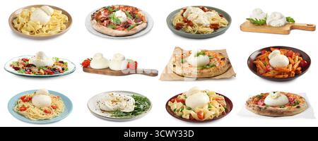 Different dishes with burrata cheese isolated on white, set Stock Photo