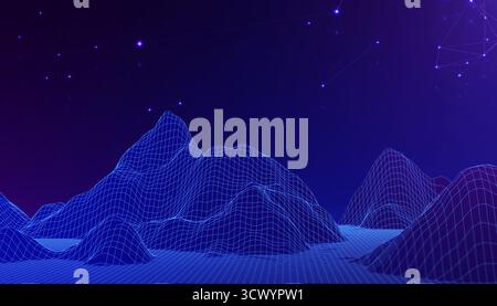 Digital wireframe landscape with glowing dots and lines connecting, symbolizing data networks, virtual reality, and technology Stock Photo