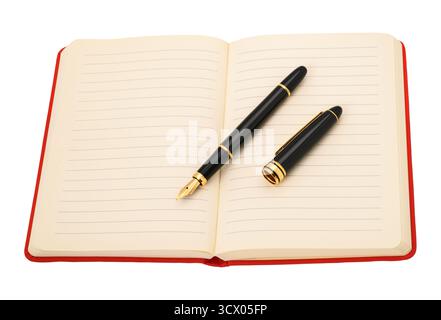Book with fountain pen isolated on white background Stock Photo
