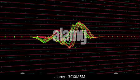 Displaying multicolored waveform on analysis screen, with circular markers and red grid lines Stock Photo