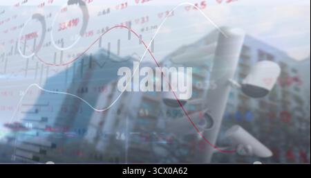 Watching three security cameras on pole scanning apartment facade amid trading graphics, copy space Stock Photo
