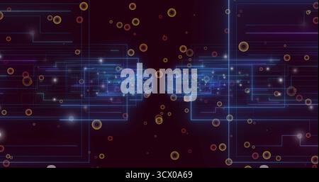 Forming abstract dual circuit clusters in stylized virtual space, with neon lines, glowing spheres Stock Photo