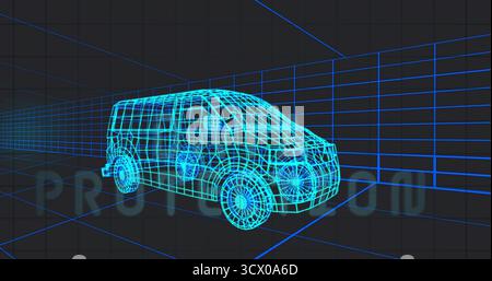 Displaying wireframe van model rotating in digital studio, highlighting grid floor and wall planes Stock Photo