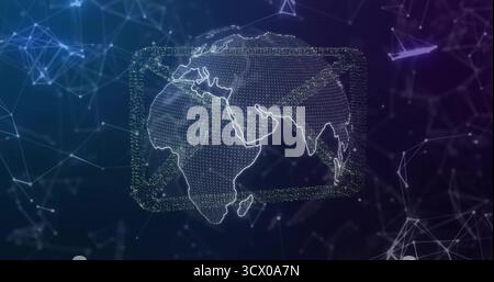 Forming particle based Earth inside glowing frame in abstract space, with network nodes and lines Stock Photo